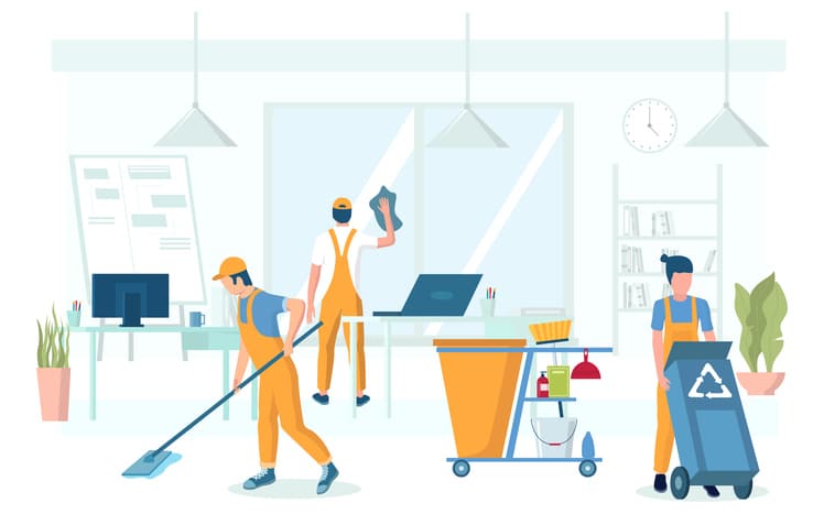 Professional office cleaning services, vector flat illustration. Male and female characters, cleaning company staff picking up trash, washing window and floor, discussing workers' rights.