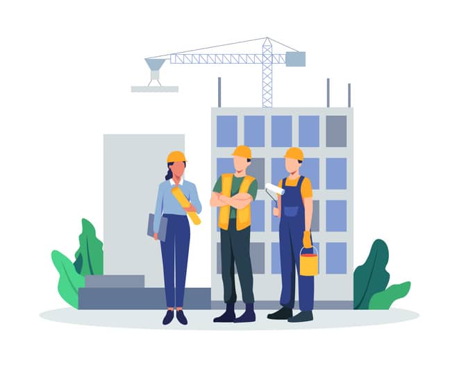 Contractors working on architecture project. Colleagues in uniform and hard hats. Man and woman industry or construction employees discussing workers' rights. Vector in flat style.