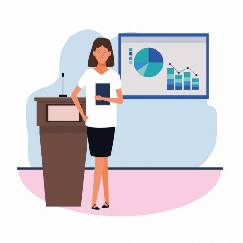 cartoon executive woman standing next to a conference podium and graphic charts, colorful design. vector illustration