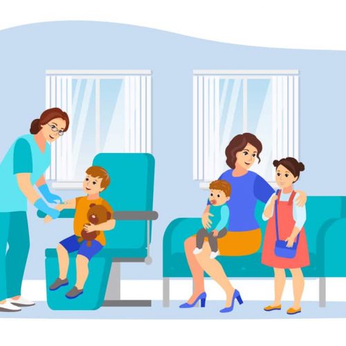 Mom with three children makes vaccinations, vector flat cartoon illustration. Female pediatrician doctor gives child vaccine injection. Healthcare, infection prevention, family immunization concept.