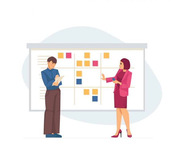 Multitasking, planning teamwork and time management. Team plans their work standing beside scrum task board with sticky note cards. Work productivity, business workflow optimization cartoon vector
